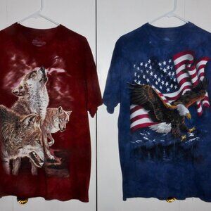 2 NEW The Mountain Tye-dye T-Shirts Short Sleeve Wolves & Flag w/ Eagle LARGE